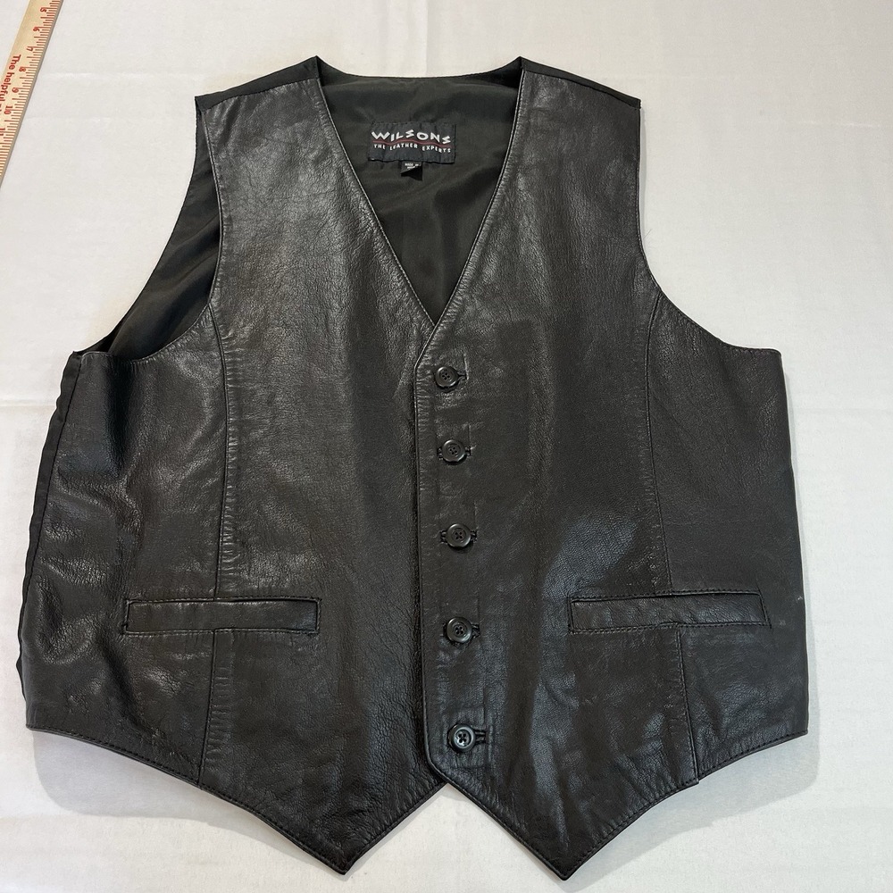 WILSON Leather Vest Black Button Closure Short Biker Motorcycle Size Large